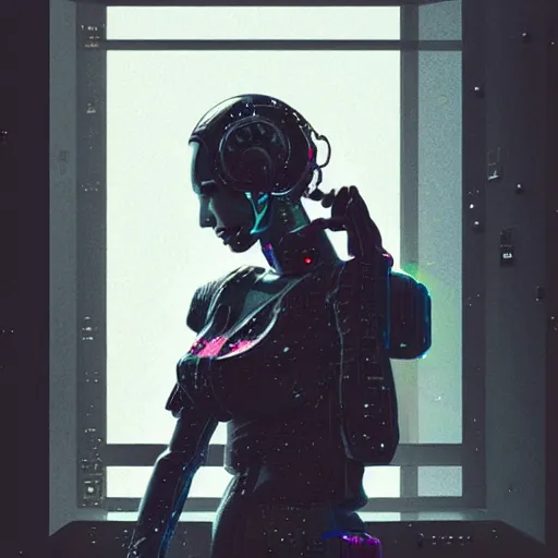 Prompt: portrait of cyberpunk woman looking out of a window, cyberpunk setting, futuristic, highly detailed, intricate lighting, digital painting, sharp focus, illustration, trending on artstation, art by chengwei pan.