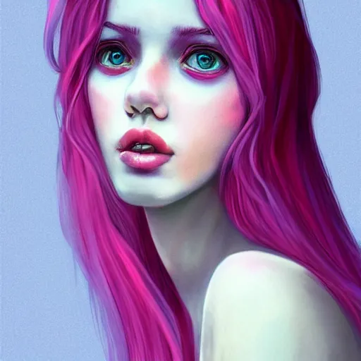 Image similar to beautiful magic angel with pink hair, full body, blue piercing eyes, thin features, beautiful aesthetic, by james jean, trending on artstation, digital art