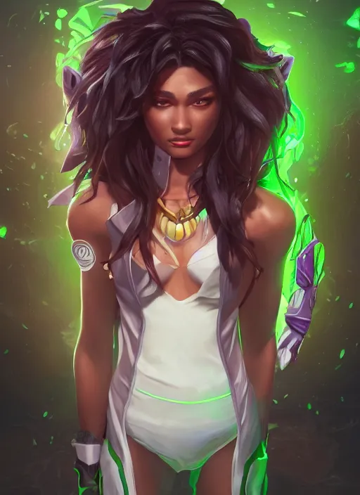 Image similar to senna from league of legends, au naturel, hyper detailed, brown skin, glowing green neon eyes, wearing white jacket, digital art, trending in artstation, cinematic lighting, studio quality, smooth render, unreal engine 5 rendered, octane rendered, art style by klimt and nixeu and ian sprigger and wlop and krenz cushart