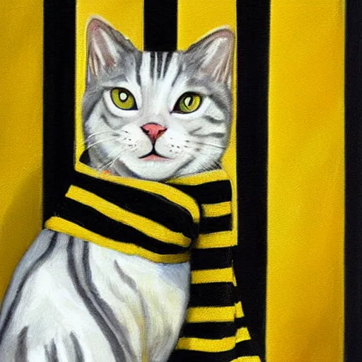 Image similar to oil painting extreme wide shot of a white and grey tabby cat wearing a black yellow striped hufflepuff scarf, in the gloucester cathedral cloisters, digital painting, high detail, award - winning, playful