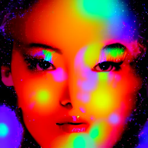 Prompt: a digital painting of a woman's face with colorful lights in the background, a hologram by li shida, featured on pixiv, holography, irridescent, holographic, psychedelic