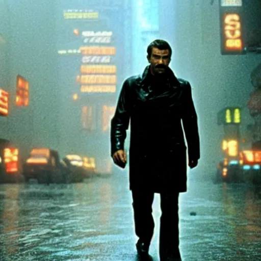 Image similar to Tom Selleck in Blade Runner, standing on a rainy street in a Blade Runner Style city