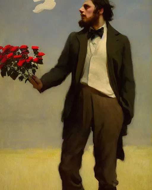 Image similar to a guy waiting for his love to come, holding roses, art by greg rutkowski, gustave courbet, rosa bonheur, edward hopper. faithfully depicted facial expression, perfect anatomy, sharp focus, global illumination, radiant light, detailed and intricate environment, trending on artstation