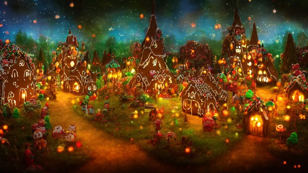 Prompt: gingerbread candy village, cinematic scene, studio lighting, colorful, fantasy, fairytale, intricate, forest, fireflies, flowers, halloween, christmas, hansel and gretel, background blur, bokeh, medium shot, visually stunning, matte painting, concept art, trending on artstation