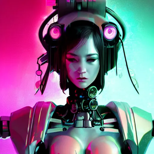 Image similar to a cyberpunk robot geisha sorceress, warcore, sharp focus, detailed, artstation, concept art, 3 d + digital art, wlop style, biopunk, neon colors, futuristic, neon noire, moody, d & d