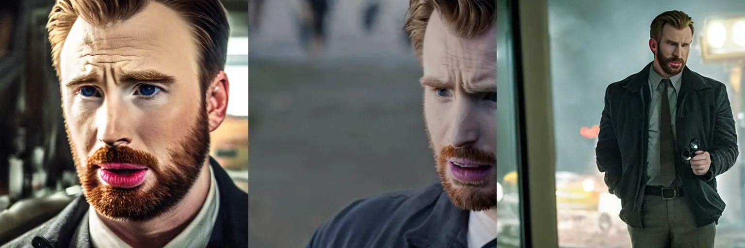 Prompt: close-up of Chris Evans as a detective in a movie directed by Christopher Nolan, movie still frame, promotional image, imax 70 mm footage