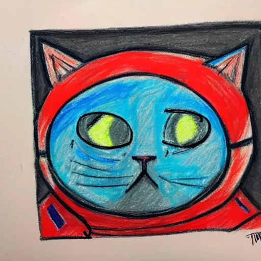 Image similar to An oil pastel drawing of an annoyed cat in a spaceship