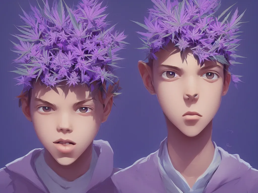 Image similar to single kid symmetrical beauty face in focus purple flowers of marijuana hemp cannabis, behance hd, by jesper ejsing, by rhads, makoto shinkai, lois van baarle, ilya kuvshinov, rossdraws global illumination, golden ratio