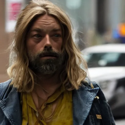 Image similar to margot robbie as an homeless man in new york, highly detailed, hyper realistic