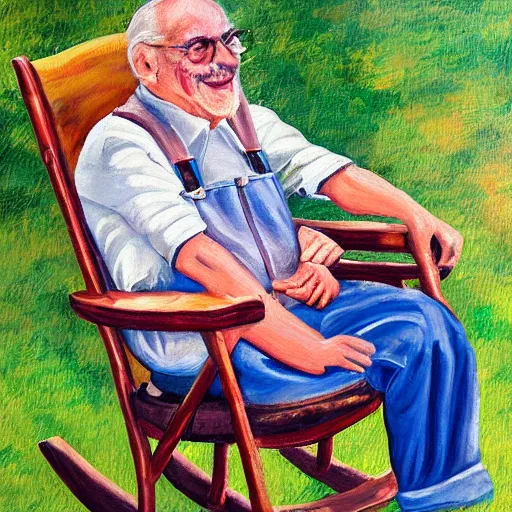 Image similar to a painting of grandpa yocheved wearing overalls on a rocking chair, telling stories, cute and wonderful vivid painting