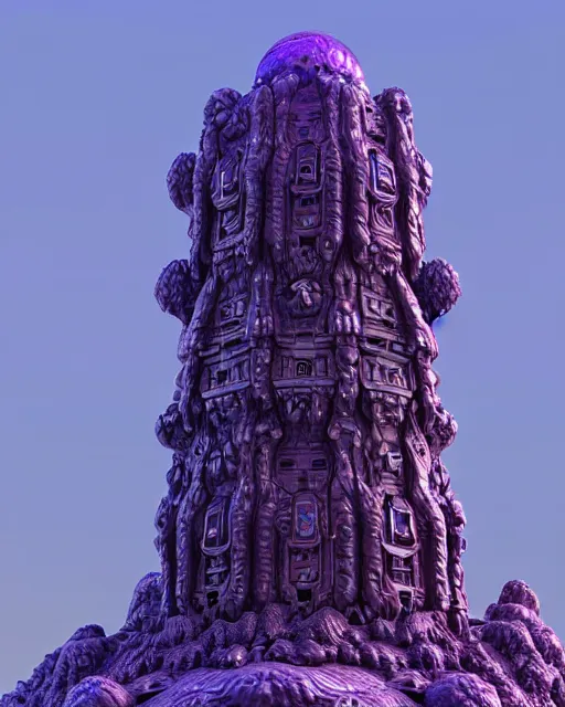 Image similar to detailed render giant alien greeble tower art nouveau rococo architecture carved out of complex mandelbulb with royal purple quartz rendered in cinema 4 d octane