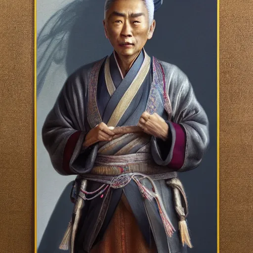 Image similar to portrait painting of a 6 0 year old kind handsome chinese taoist priest, like liangchao wei, silver ponytail hair, amiable by wenjun lin, irakli nadar, bright colors, octopath traveler, wenjun lin, unreal engine 5 highly rendered, global illumination, radiant light, detailed and intricate environment