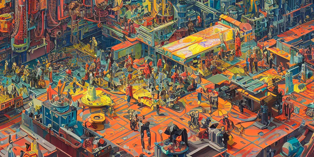 Image similar to a colorful futuristic marketplace, Industrial Star Wars Scifi, detailed illustration, character design, intricate, by Martin Grip, Wes Anderson, hieronymus bosch and Moebius