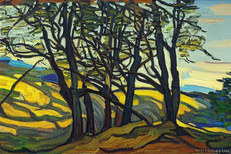 Image similar to masterpiece painting of oak trees on a hillside overlooking a creek, dramatic lighting, by tom thomson