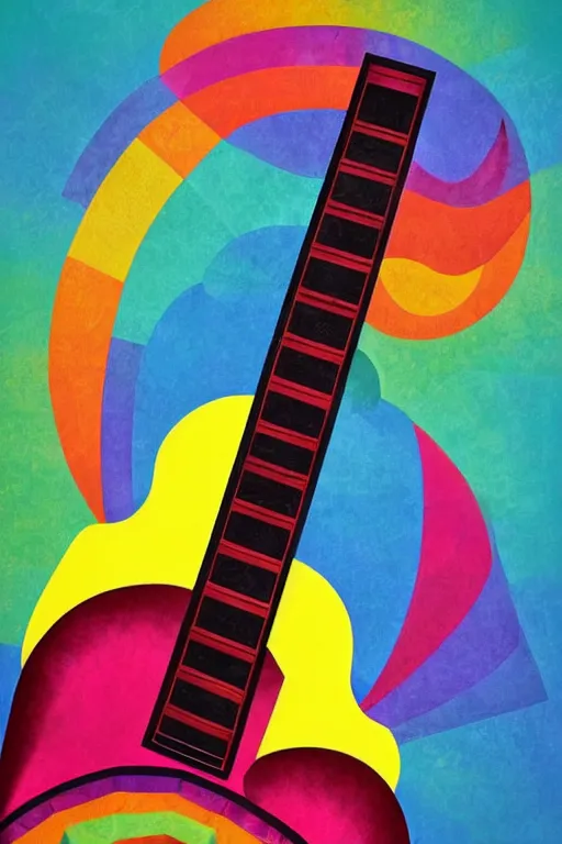 Prompt: guitar, notes, rainbow geometric architectures blend with organic shapes, pop surrealism, essence of street forms, geometric structures and multicolored prints, colorful, high detail, symmetry, poster