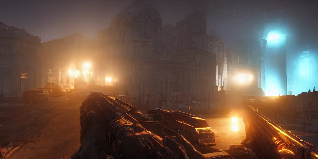 Prompt: screenshot russian city in doom 2 for dos, st. petersburg, videogame, neon glow, lens flare, 8 k, unreal engine