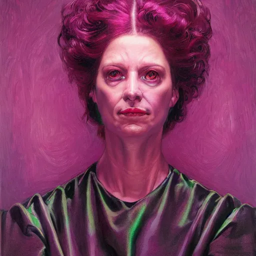 Prompt: portrait of a woman with eyes glowing magenta, and plasma hands magenta, by donato giancola.