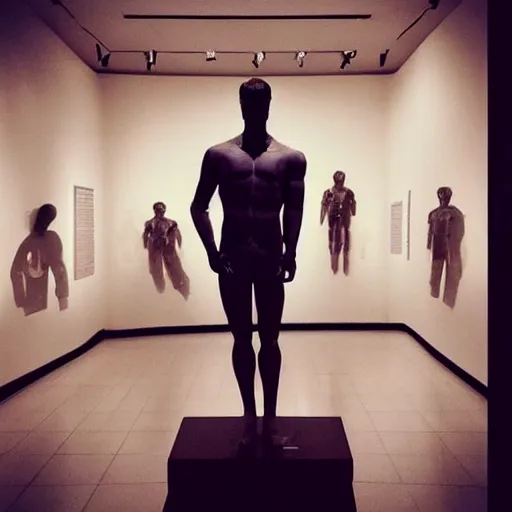 Image similar to “ a realistic detailed photo of a guy who is an attractive humanoid who is half robot and half humanoid, who is a male android, actor liam hemsworth, shiny skin, posing like a statue, blank stare, at the museum, on display ”