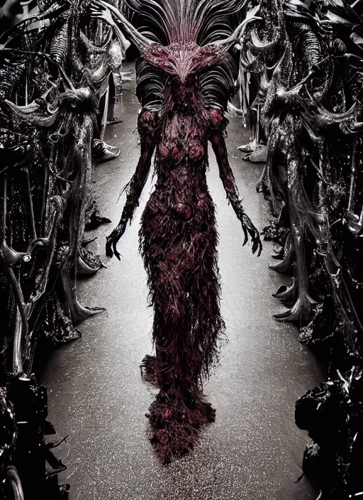 Prompt: walking down the catwalk, tim walker, show, stage, vogue photo, podium, fashion show photo, historical baroque dress dark, iris van herpen, beautiful woman, full body shot, masterpiece, intricate, biopunk, predator, guyver, highly detailed