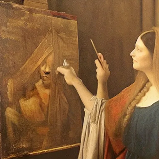 Image similar to old vintage photo from behind of leonardo da vinci painting his unfinished painting of monalisa