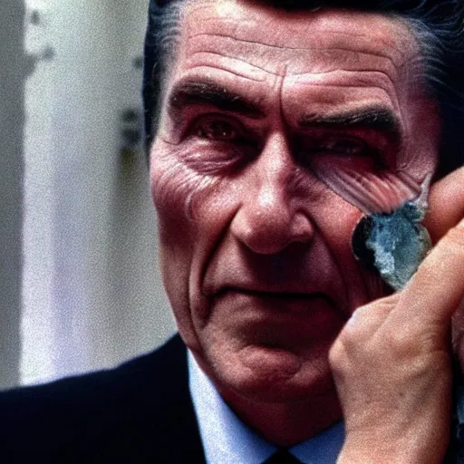 Prompt: Still of Ronald Regan removing his human skin, revealing that he is an alien, in the style of Eyes Wide Shut (1999)