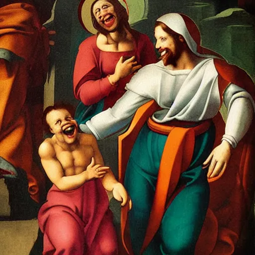 Image similar to Mary and Jesus laughing, painting by Michelangelo