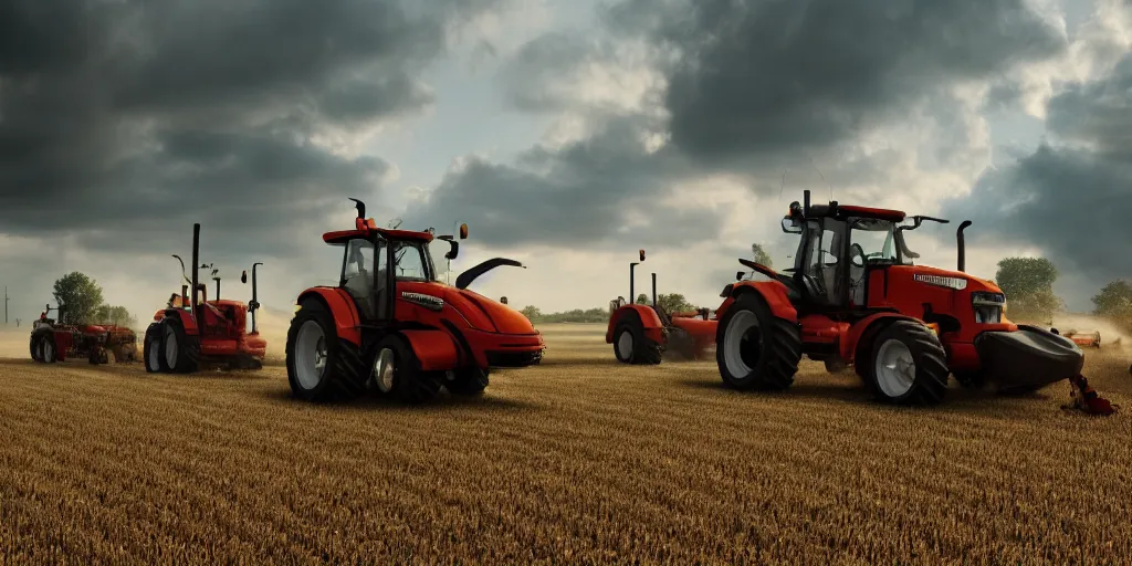 Prompt: a beautiful commercial photo of dutch protesting farmers in their tractors, dramatic lighting, octane render, 4 k, hdr