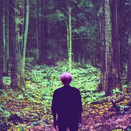 Image similar to kodak portra 4 0 0 photograph of a skinny blonde guy standing in dark forest on a glowing path, back view, flower crown, moody lighting, telephoto, 9 0 s vibe, blurry background, vaporwave colors, faded!,