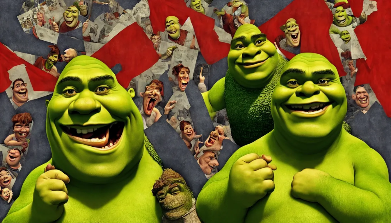 Prompt: shrek, portrait, laughing, soviet, propaganda, disinformation, brainwashing, very detailed, advertising, 4 k