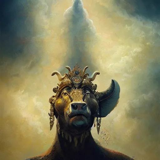 Image similar to sacred cow, acanthus scroll, ceremonial clouds, dripping paint, fibonacci rhythm, artstation, art germ, wlop, karol bak, christopher balaskas, ross tran