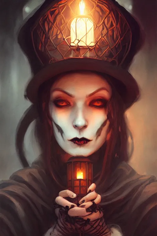 Prompt: portrait of a ghoulish victorian witch dark cheekbones holding a lantern, halloween night, charlie bowater, artgerm, ilya kuvshinov, krenz cushart, ruan jia, realism, ultra detailed, 8 k resolution