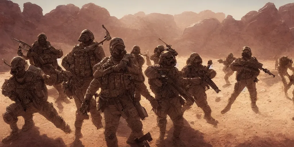 Image similar to highly detailed image of a tactical squad of hamsters holding rifles, in a desert, stephen bliss, unreal engine, fantasy art by greg rutkowski, global illumination, detailed and intricate environment