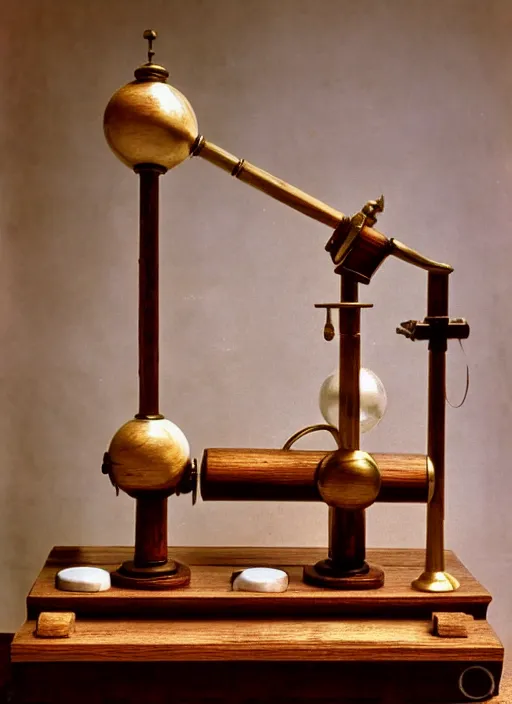 Prompt: realistic photo of a a medieval wooden astronomic archeology scientific chemistry equipment made of oak wood, with white fur, brass handles 1 9 9 0, life magazine reportage photo, natural colors