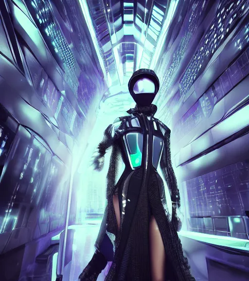 Image similar to geometrieva in a futuristic cyber clothing, transparent puffer jacket, tarkovsky greatest scene, aura of the ancient destroyed majestic tower of babylon, hyperealistic, blockchain, cyber world, ambient lighting, concept art, intricate, hyper detailed, smooth, dynamic volumetric lighting, ocatane, ray trace, cinematic, high quality, cgsociety