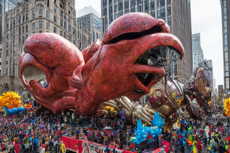 Image similar to photo of giant elaborate parade float designed by geoff darrow!!!! and ( ( ( ( ( ( hr giger ) ) ) ) ) ), in the macys parade, detailed 4 k photo