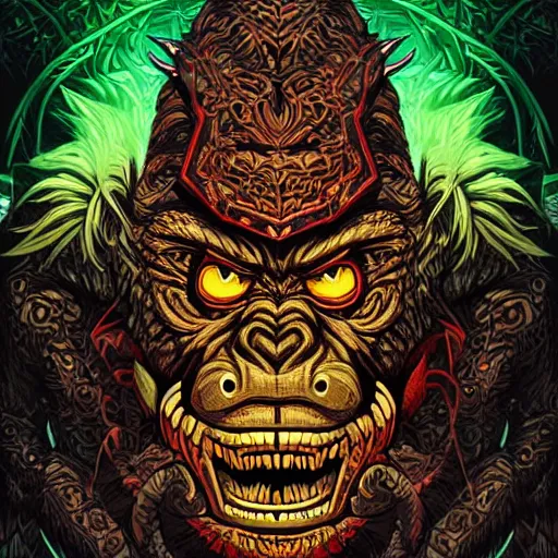 Image similar to barong family member, wiwek, mara demon, one single tribe member, jungle, one single mask, dark, ancient warrior, gorilla, lizard, tribal, inner glow, art by dan mumford and justin gerard