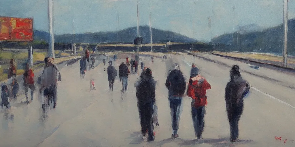 Image similar to People strolling along the highway, Martin Handford painting style.