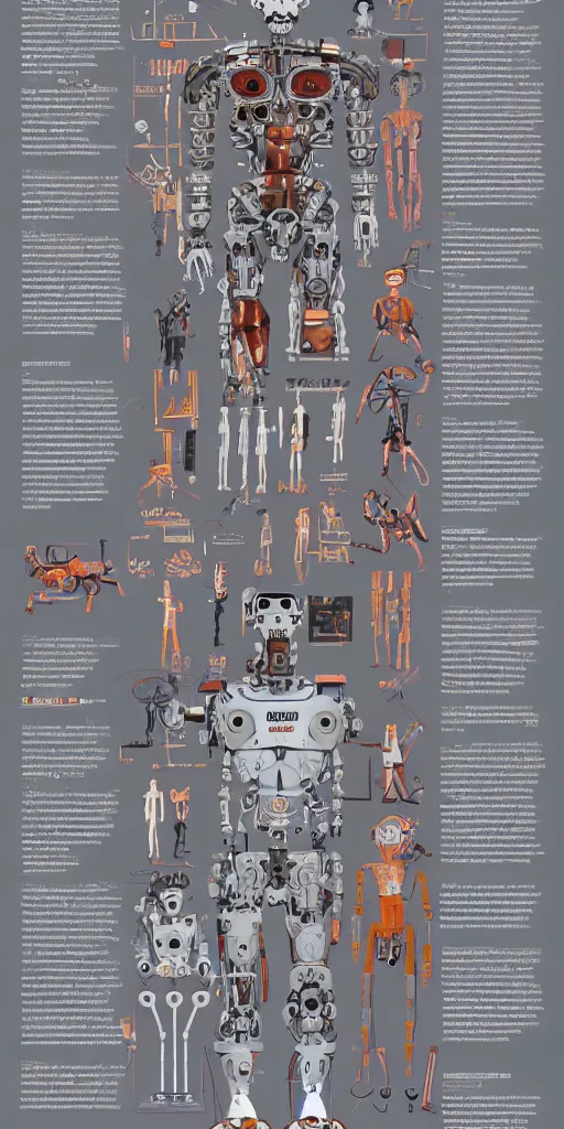 Image similar to anatomy of the terminator, robot, cyborg, t100, diagrams, infographic by Wes Anderson and victo ngai