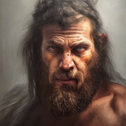Prompt: stunning portrait oil painting of brutal barbarian with big scar from photography award winning, perfect Rembrandt lighting, dark background, rule of third
