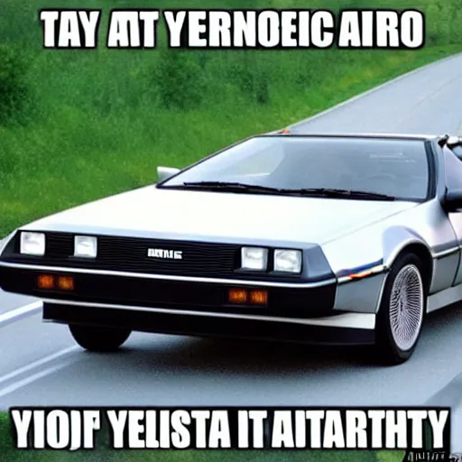 Prompt: Delorean marty mclfy on year 3225 on autobahn sharp detailed speed electric