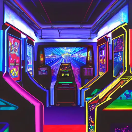 Prompt: a beautiful painting of a holographic video game arcade. art by tyler edlin and raffeaello ossola. look at that detail. trending on behance, artstation, 3 5 mm, 4 k, 8 k