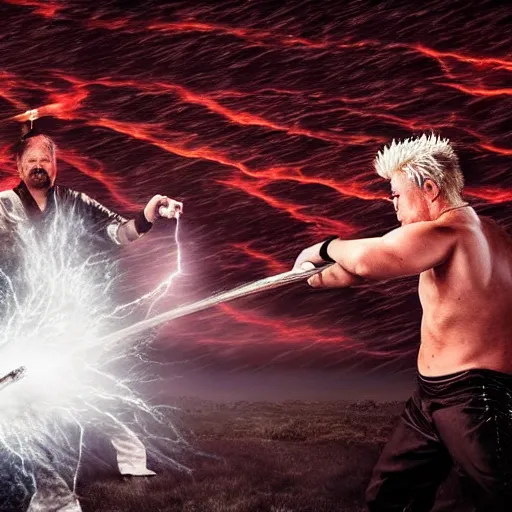 Image similar to Dramatic artistic photo of Samurai Gordon Ramsay having a sword fight with Samurai Guy Fieri, lightning in background, raining, dark, intense, anime fight, realistic, hyperrealistic