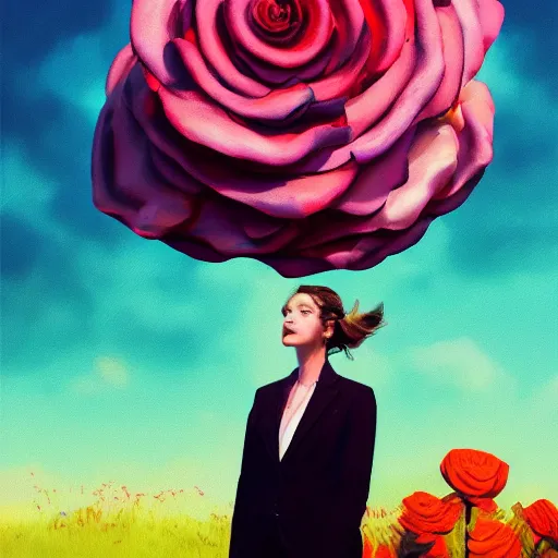 Image similar to portrait, giant rose flower head, girl in a suit, surreal photography, sunrise, blue sky, dramatic light, impressionist painting, digital painting, artstation, simon stalenhag