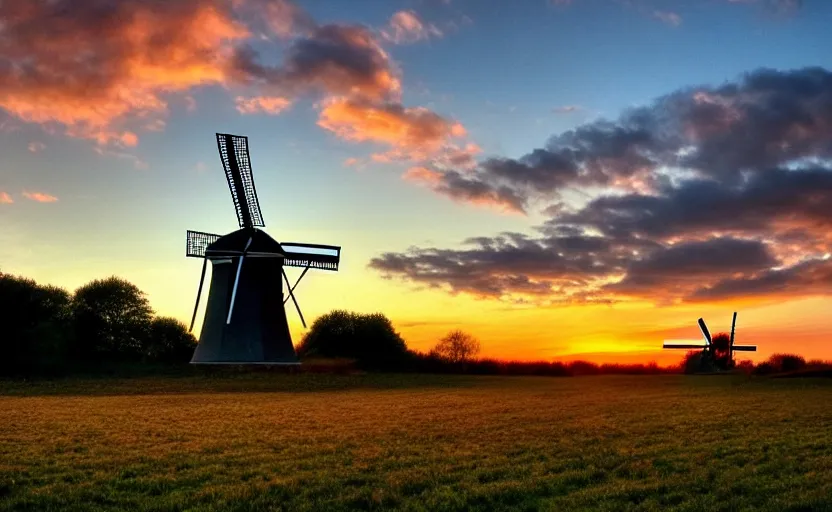 Prompt: a beautiful landscape in the netherlands with a windmill at sunset, in the style of derwent lees