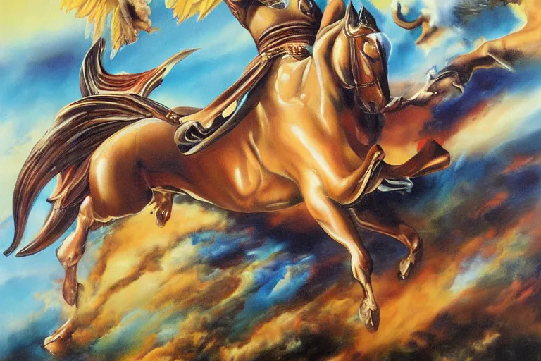 Prompt: gillian anderson riding a pegasus, painted by boris vallejo and julie bell, oil on canvas