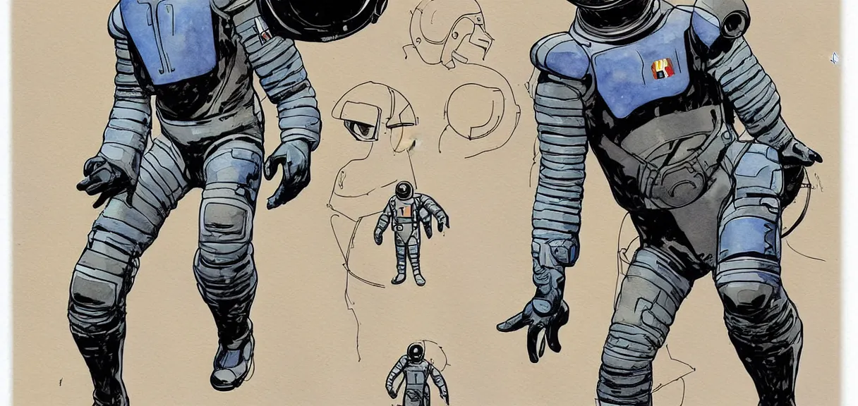 Image similar to male, full body, space suit with a modern helmet, character sheet, science fiction, very stylized character design, pen and ink, digital painting, watercolor wash, by mike mignola, by alex maleev, jean giraud