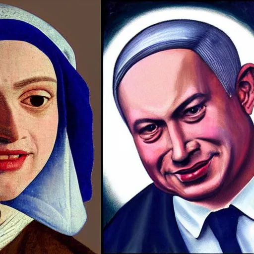 Image similar to a portrait of Benjamin Netanyahu smiling with a pearl earing in the style of Johannes Vermeer