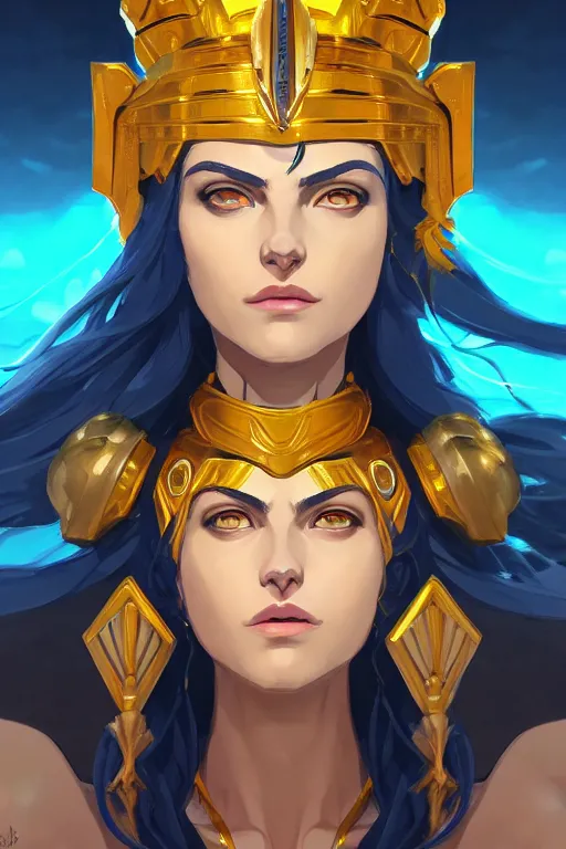 Prompt: The Godess Hera looking angry, detailed armor, portrait radiating a glowing aura, highly detailed, digital painting, artstation, concept art, smooth, sharp focus, beautiful face, symmetric face, enchanted, official fanart, behance, HD, blue and yellow theme, by Makoto Shinkai