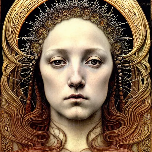 Image similar to detailed realistic beautiful young medieval queen face portrait by jean delville, gustave dore, iris van herpen and marco mazzoni, art forms of nature by ernst haeckel, art nouveau, symbolist, visionary, gothic, pre - raphaelite, horizontal symmetry