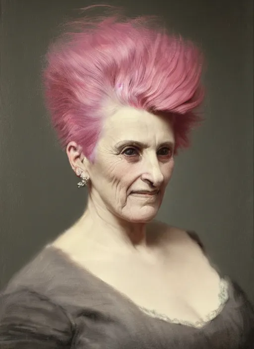 Prompt: a detailed portrait of older woman with a mohawk by edouard bisson, pink hair, punk rock, looking at the camera, oil painting, muted colours, soft lighting